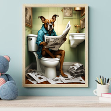 Load image into Gallery viewer, Dog caught reading Newspaper on Toilet Wall Art Print
