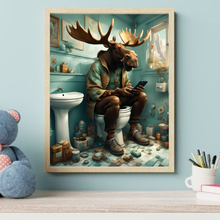 Load image into Gallery viewer, Moose sit's on Toilet with Phone Wall Art Print