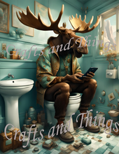 Load image into Gallery viewer, Moose sit's on Toilet with Phone Wall Art Print