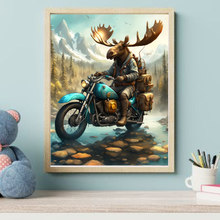Load image into Gallery viewer, Moose Going Fishing on a Motorcycle Wall Art Print