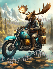 Load image into Gallery viewer, Moose Going Fishing on a Motorcycle Wall Art Print