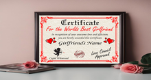 Load image into Gallery viewer, Worlds Best Girlfriend Certificate