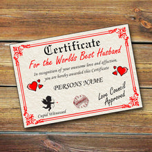 Load image into Gallery viewer, Worlds Best Husband Certificate