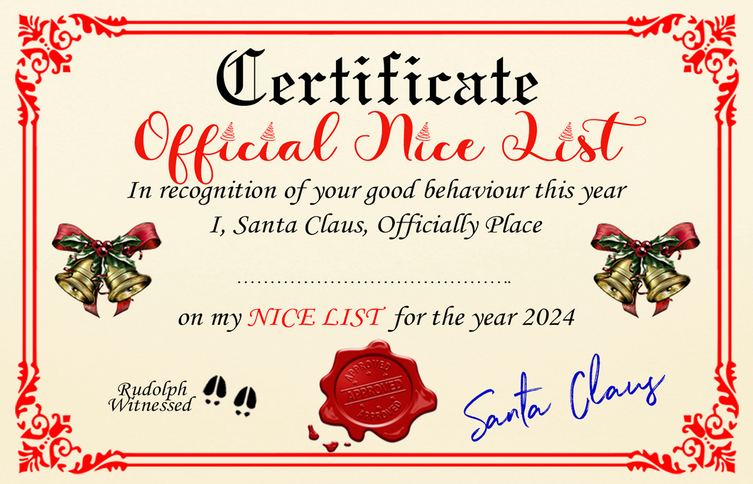 Santa Claus Nice or Naughty List Certificate Blank