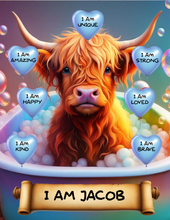 Load image into Gallery viewer, I Am Amazing Positive Affirmation Personalized Highland Cow Print
