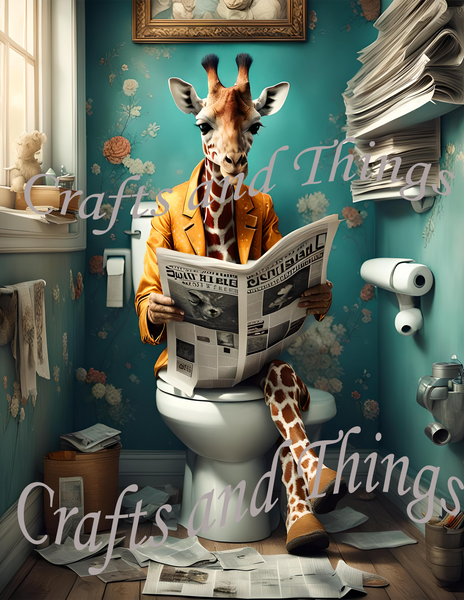 Cute Giraffe Baby sit on Toilet Wall Art Print