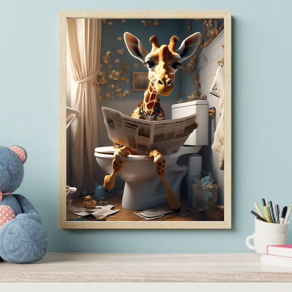 Cute Giraffe Baby sit on Toilet Wall Art Print