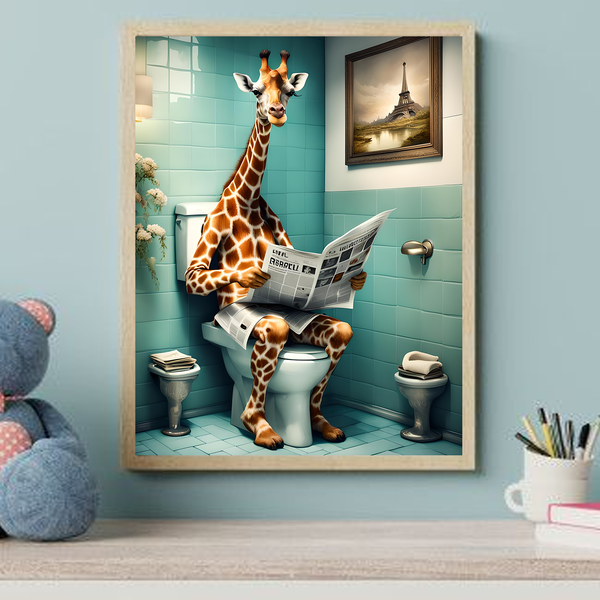 Cute Giraffe Baby sit on Toilet Wall Art Print