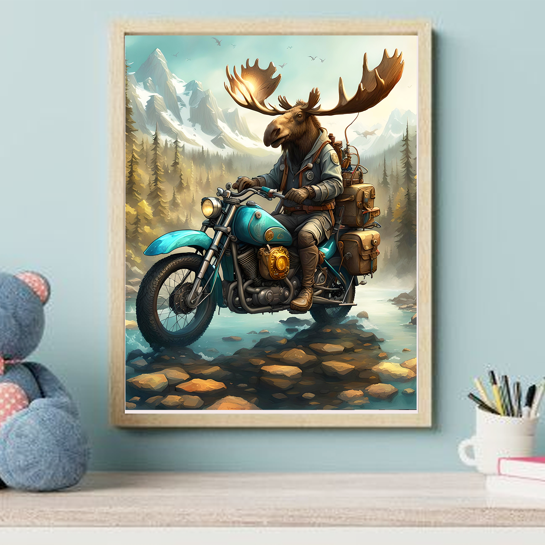 Moose Going Fishing on a Motorcycle Wall Art Print