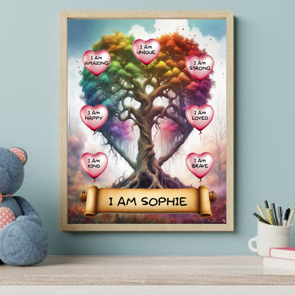 I Am Amazing Positive Affirmation Personalized Rainbow Tree Print