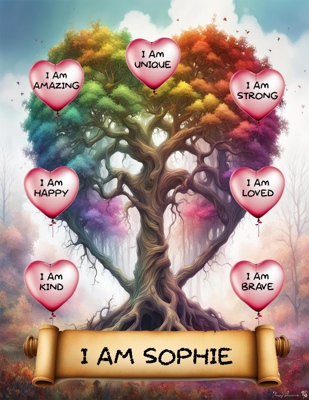 I Am Amazing Positive Affirmation Personalized Rainbow Tree Print