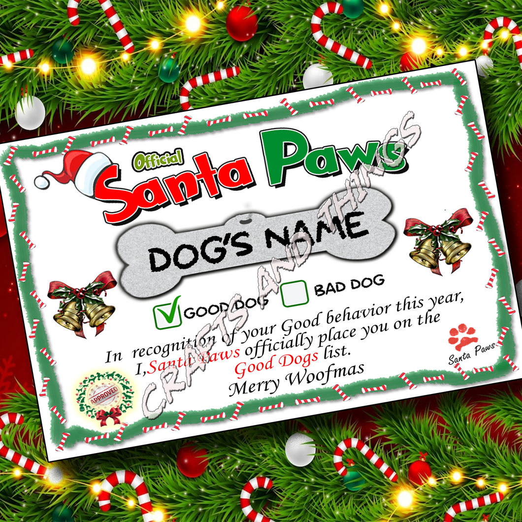 Personalized Dog Santa Paws Certificates