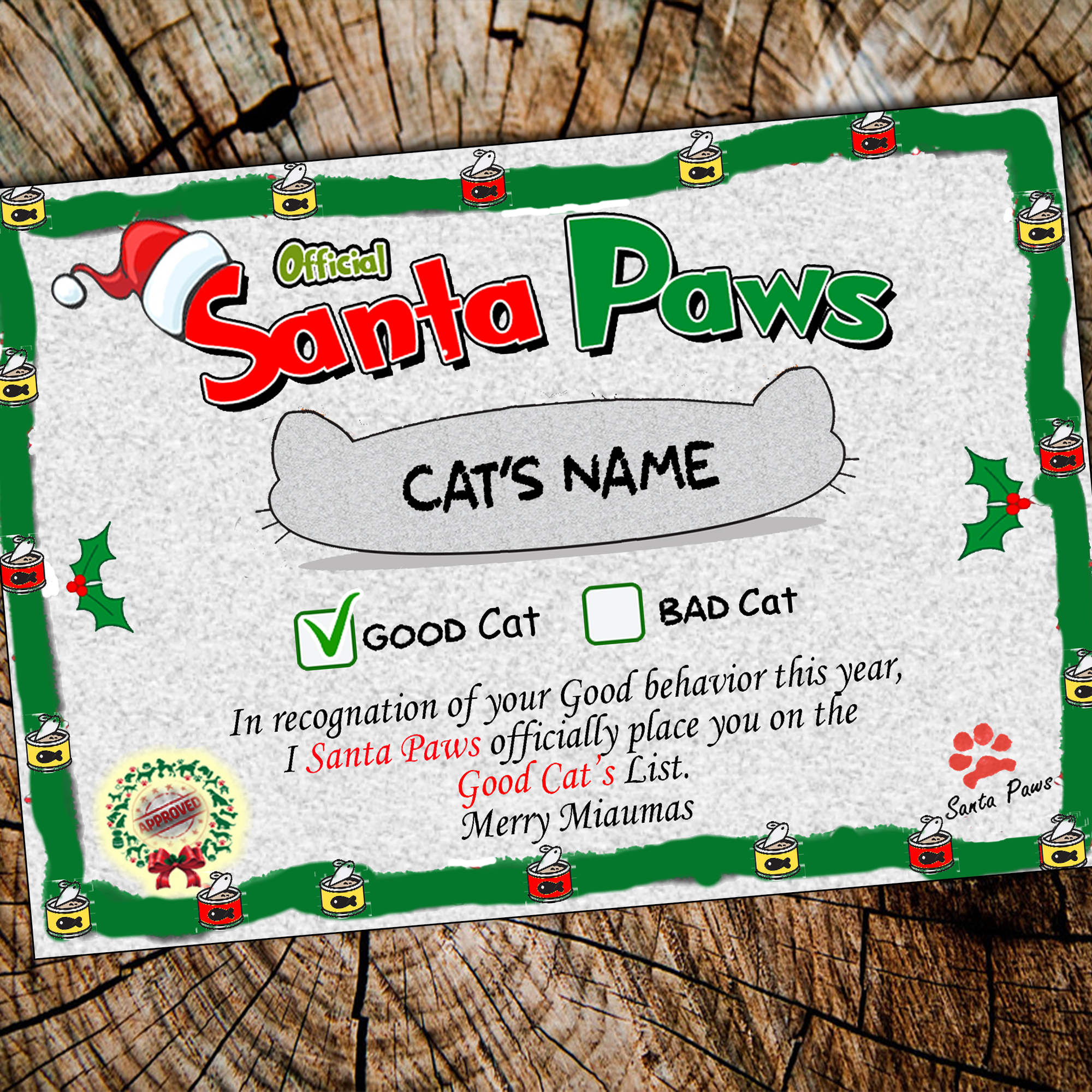 Personalized Cat Santa Paws Certificate