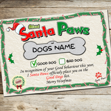 Load image into Gallery viewer, Personalized Dog Santa Paws Certificates
