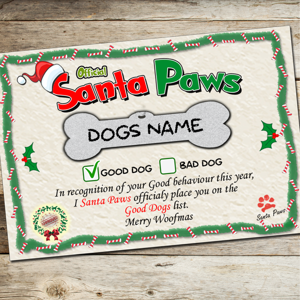 Personalized Dog Santa Paws Certificates